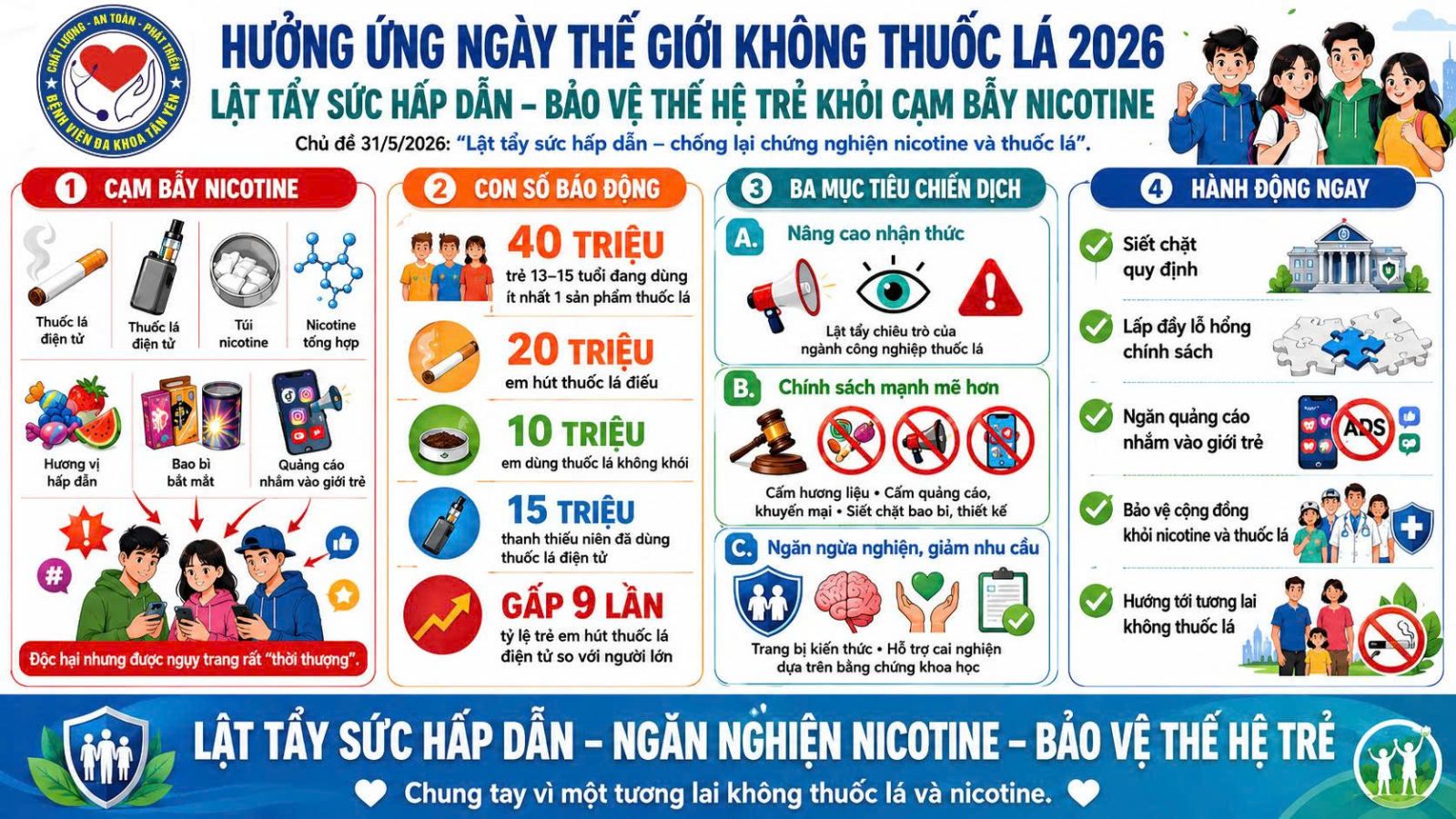 HƯỞNG ỨNG NGÀY THẾ GIỚI KHÔNG THUỐC LÁ 2026: LẬT TẨY SỨC HẤP DẪN - BẢO VỆ THẾ HỆ TRẺ KHỎI CẠM BẪY NICOTINE