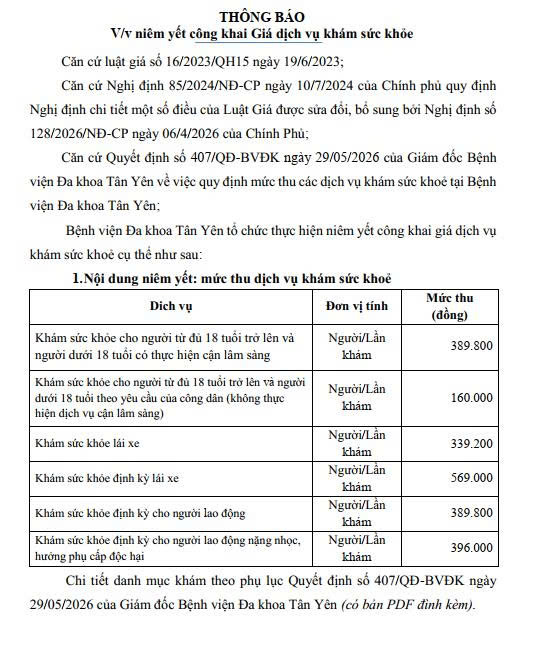 Thông báo niêm yết công khai Giá dịch vụ khám sức khỏe