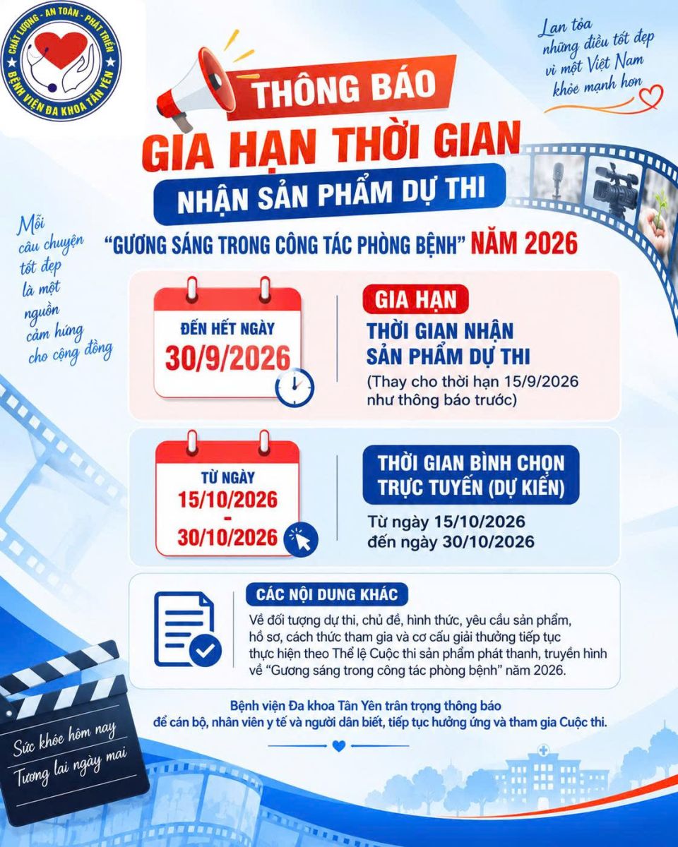THÔNG BÁO GIA HẠN THỜI GIAN NHẬN SẢN PHẨM DỰ THI “GƯƠNG SÁNG TRONG CÔNG TÁC PHÒNG BỆNH” NĂM 2026