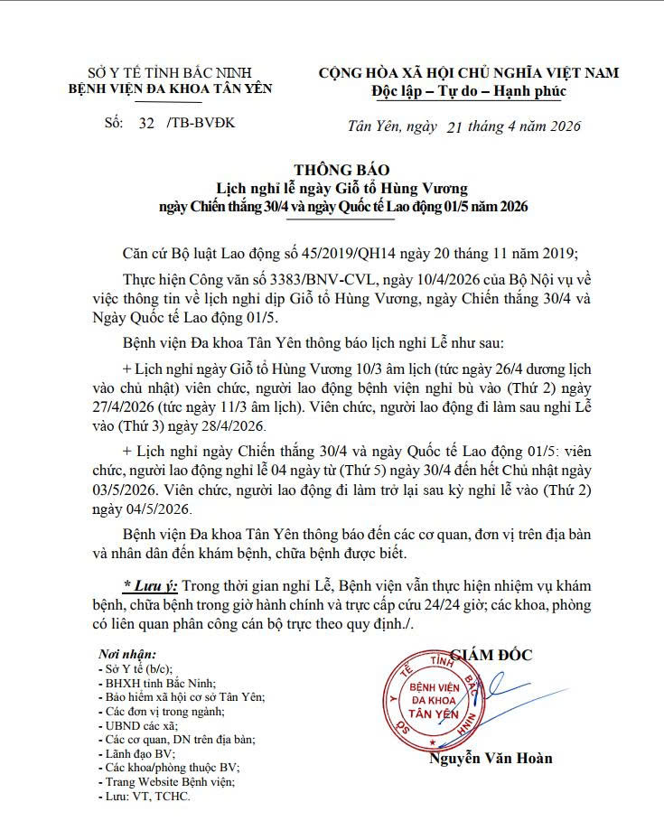 Thông báo Lịch nghỉ lễ ngày Giỗ tổ Hùng Vương ngày Chiến thắng 30/4 và ngày Quốc tế Lao động 01/5 năm 2026